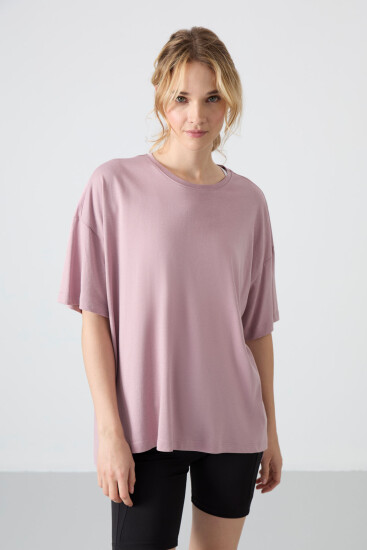 Gül Kurusu Penye Modal Yumuşak Tuşeli Oversize Fit Basic Kadın T-Shirt- 97285 