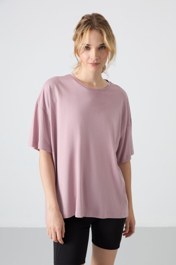 Gül Kurusu Penye Modal Yumuşak Tuşeli Oversize Fit Basic Kadın T-Shirt- 97285 - 1