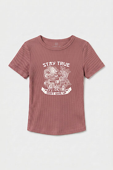 Gül Kurusu Standart Fit Baskılı Kısa Kollu Kadın T-Shirt - 97201 