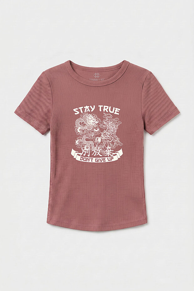 Gül Kurusu Standart Fit Baskılı Kısa Kollu Kadın T-Shirt - 97201 - 1