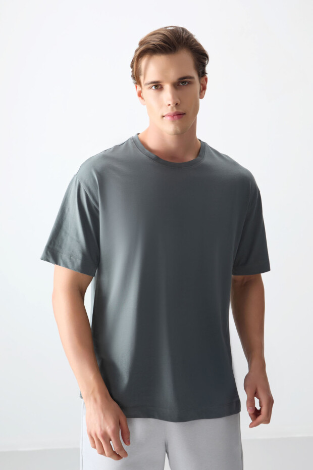 Haki %100 Pamuk Kalın Yumuşak Dokulu Oversize Fit Basic Erkek T-Shirt - 88353 - 2