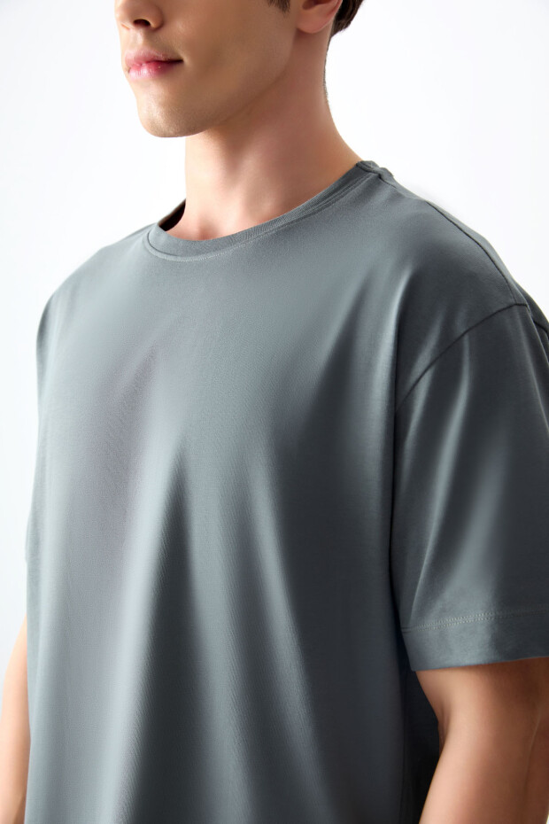 Haki %100 Pamuk Kalın Yumuşak Dokulu Oversize Fit Basic Erkek T-Shirt - 88353 - 4