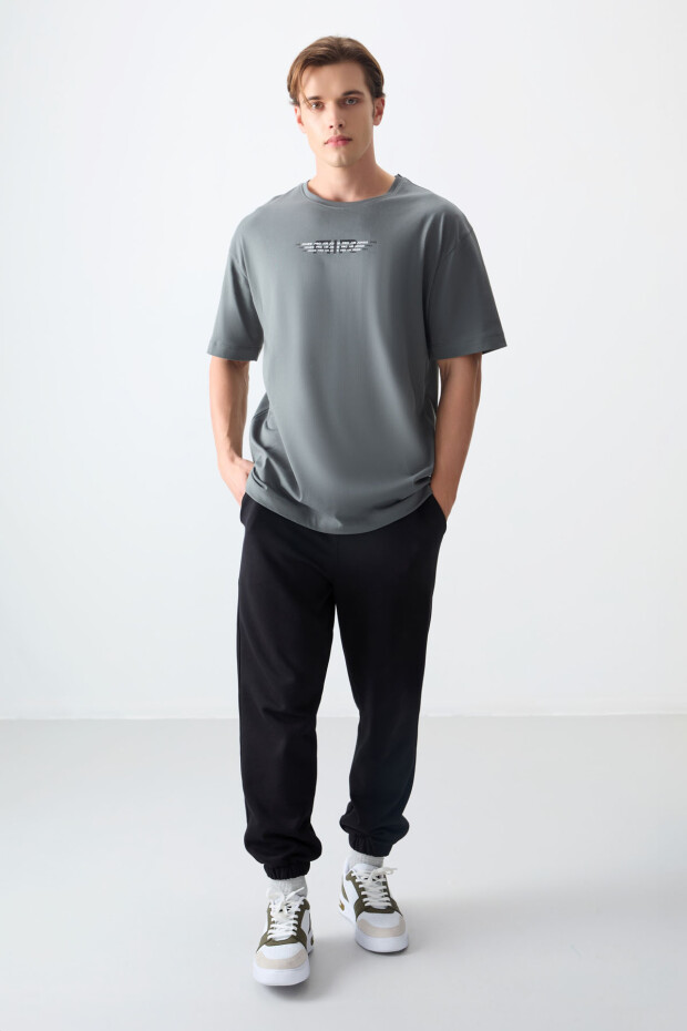 Haki %100 Pamuk Kalın Yumuşak Dokulu Oversize Fit Baskılı Erkek T-Shirt - 88356 - 2