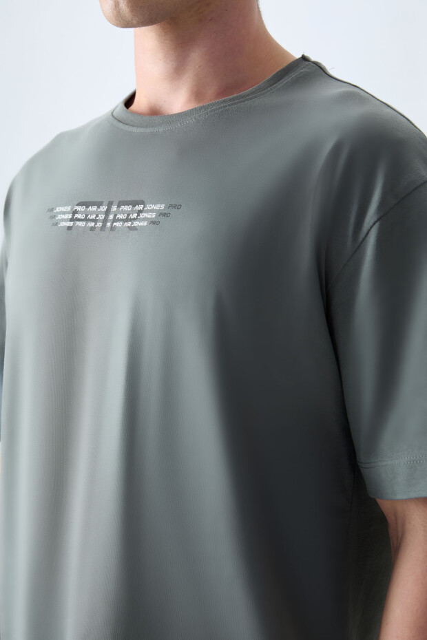 Haki %100 Pamuk Kalın Yumuşak Dokulu Oversize Fit Baskılı Erkek T-Shirt - 88356 - 3