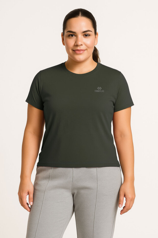 Haki Baskılı O Yaka Rahat Form Battal Büyük Beden Kadın T-Shirt - 97308 - 1