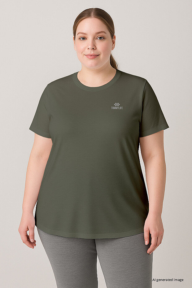 Haki Baskılı Rahat Form Büyük Beden Performans Kadın T-Shirt - 97308 - 2