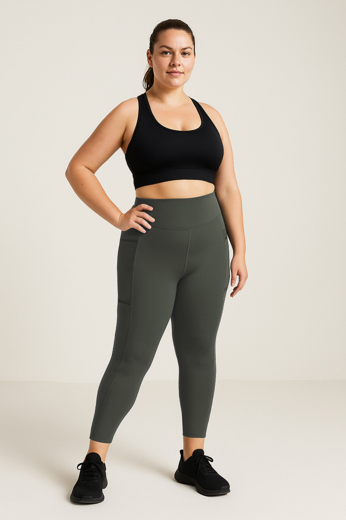 Haki Esnek Standart Fit Performans Battal Büyük Beden Kadın Tayt - 94652 - TOMMYLIFE