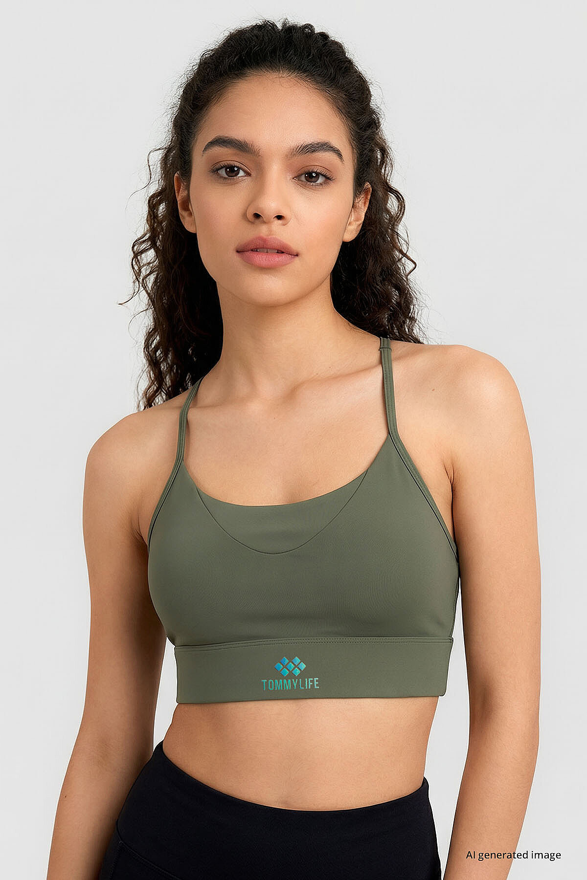 Haki Standart Fit Baskılı Sırt Detaylı Kadın Spor Büstiyer - 97300 - TOMMYLIFE (1)