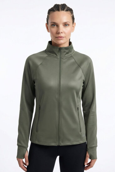 Haki Fermuarlı Dik Yaka Basic Rahat Form Kadın Koşu Ceketi - 97310 