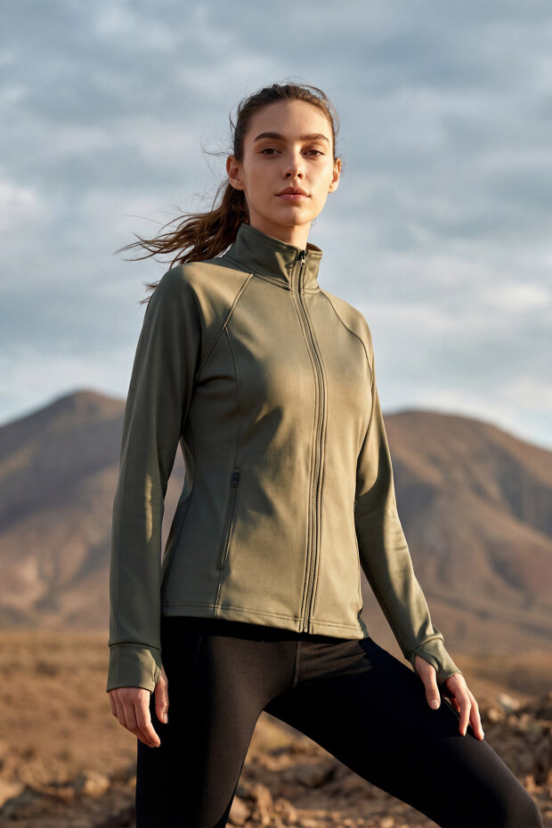 Haki Fermuarlı Dik Yaka Basic Rahat Form Kadın Koşu Ceketi - 97310 - 1