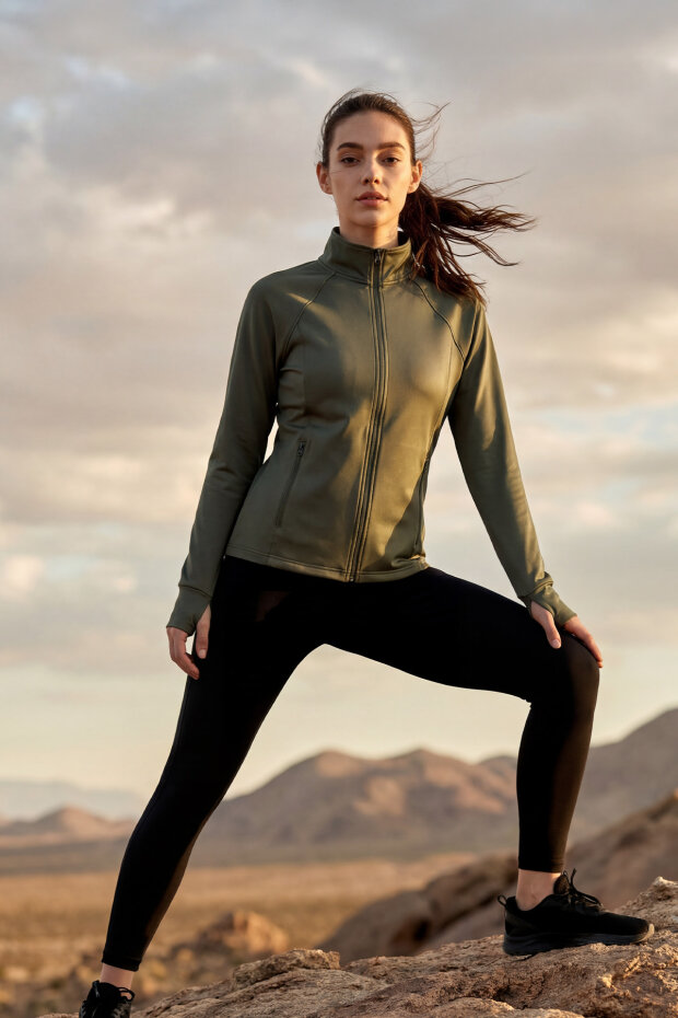 Haki Fermuarlı Dik Yaka Basic Rahat Form Kadın Koşu Ceketi - 97310 - 3