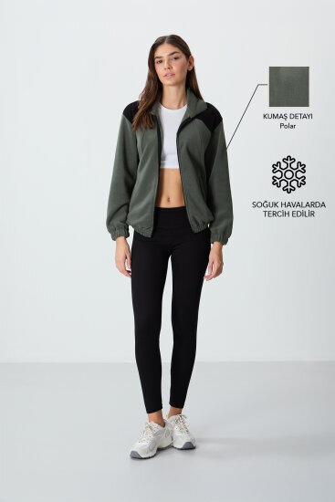Haki Kalın Yumuşak Dokulu Dik Yaka Oversize Nakışlı Polar Kadın Sweatshirt - 97293 
