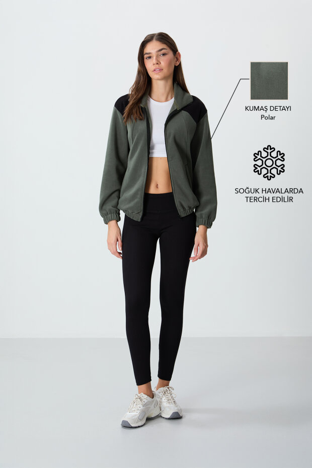 Haki Kalın Yumuşak Dokulu Dik Yaka Oversize Nakışlı Polar Kadın Sweatshirt - 97293 - 1
