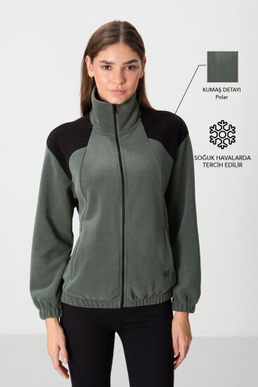 Haki Kalın Yumuşak Dokulu Dik Yaka Oversize Nakışlı Polar Kadın Sweatshirt - 97293 