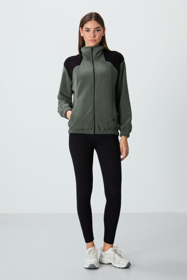 Haki Kalın Yumuşak Dokulu Dik Yaka Oversize Nakışlı Polar Kadın Sweatshirt - 97293 - 2