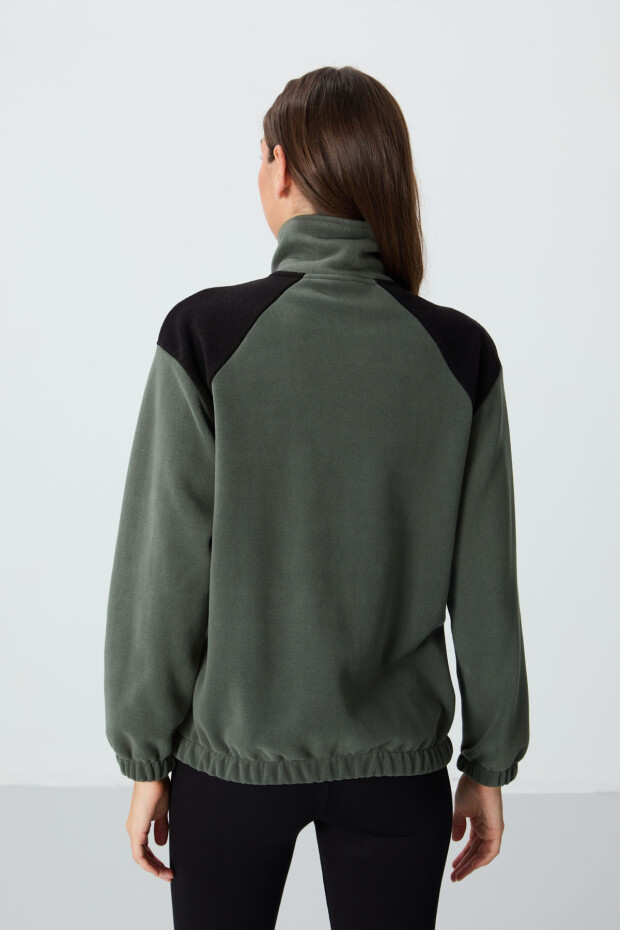 Haki Kalın Yumuşak Dokulu Dik Yaka Oversize Nakışlı Polar Kadın Sweatshirt - 97293 - 6