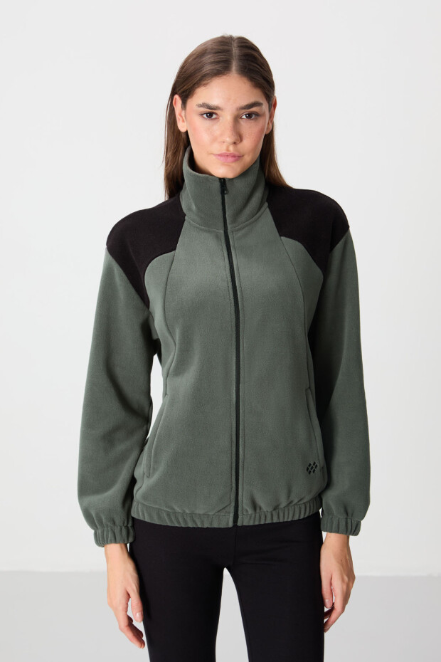 Haki Kalın Yumuşak Dokulu Dik Yaka Oversize Nakışlı Polar Kadın Sweatshirt - 97293 - 5