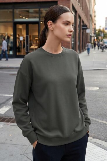 Haki Basic O Yaka Oversize Kadın Sweatshirt - 97053 