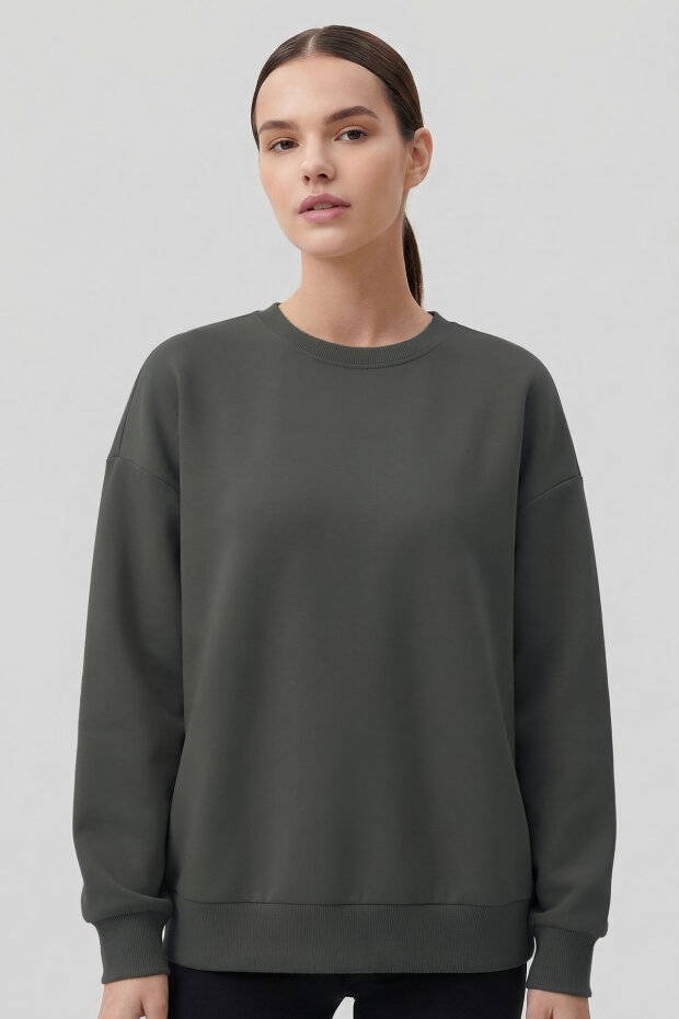 Haki Basic O Yaka Oversize Kadın Sweatshirt - 97053 - 3