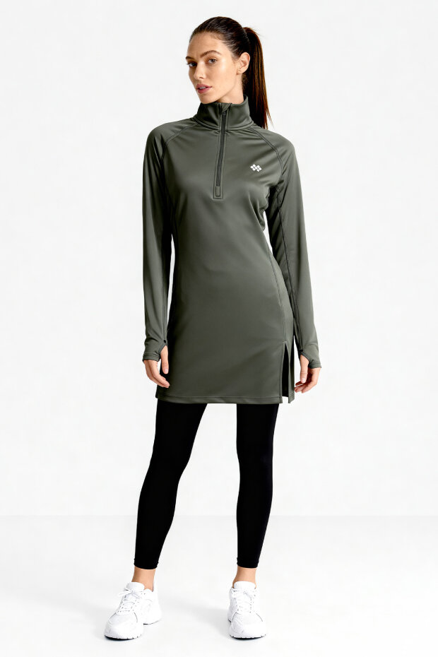 Haki Yarım Fermuarlı Dik Yaka Standart Kalıp Kadın Sporcu Tunik - 97309 - 3