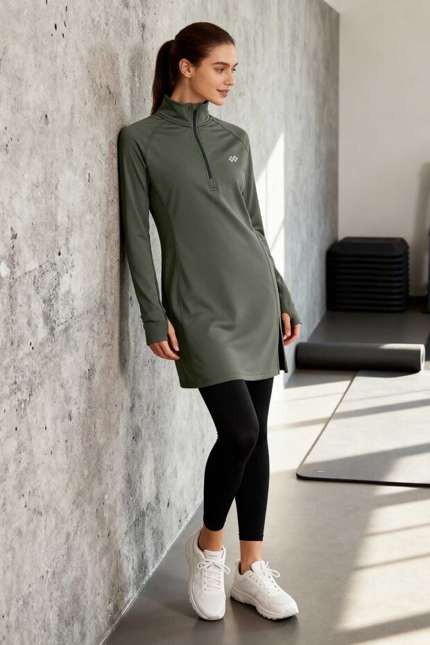 Haki Yarım Fermuarlı Dik Yaka Standart Kalıp Kadın Sporcu Tunik - 97309 - 4