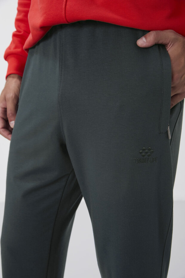 Haki Fermuar Cepli Dar Kalıp Klasik Paça Erkek Eşofman Alt - 84669 - 4