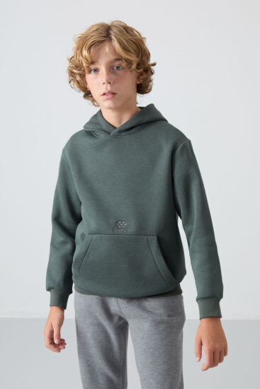 Haki Pamuklu Kalın İçi Tüylü Yumuşak Dokulu Standart Fit Baskılı Erkek Çocuk Sweatshirt - 11215 