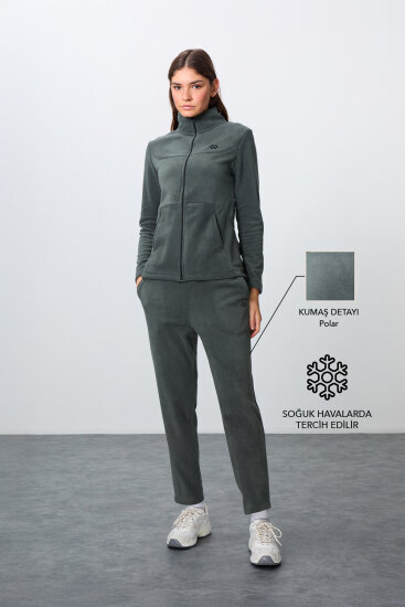 Haki Kalın Yumuşak Dokulu Dik Yaka Oversize Nakışlı Polar Kadın Eşofman Takım -95339 