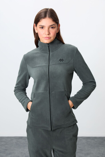 Haki Kalın Yumuşak Dokulu Dik Yaka Oversize Nakışlı Polar Kadın Eşofman Takım -95339 - TOMMYLIFE (1)