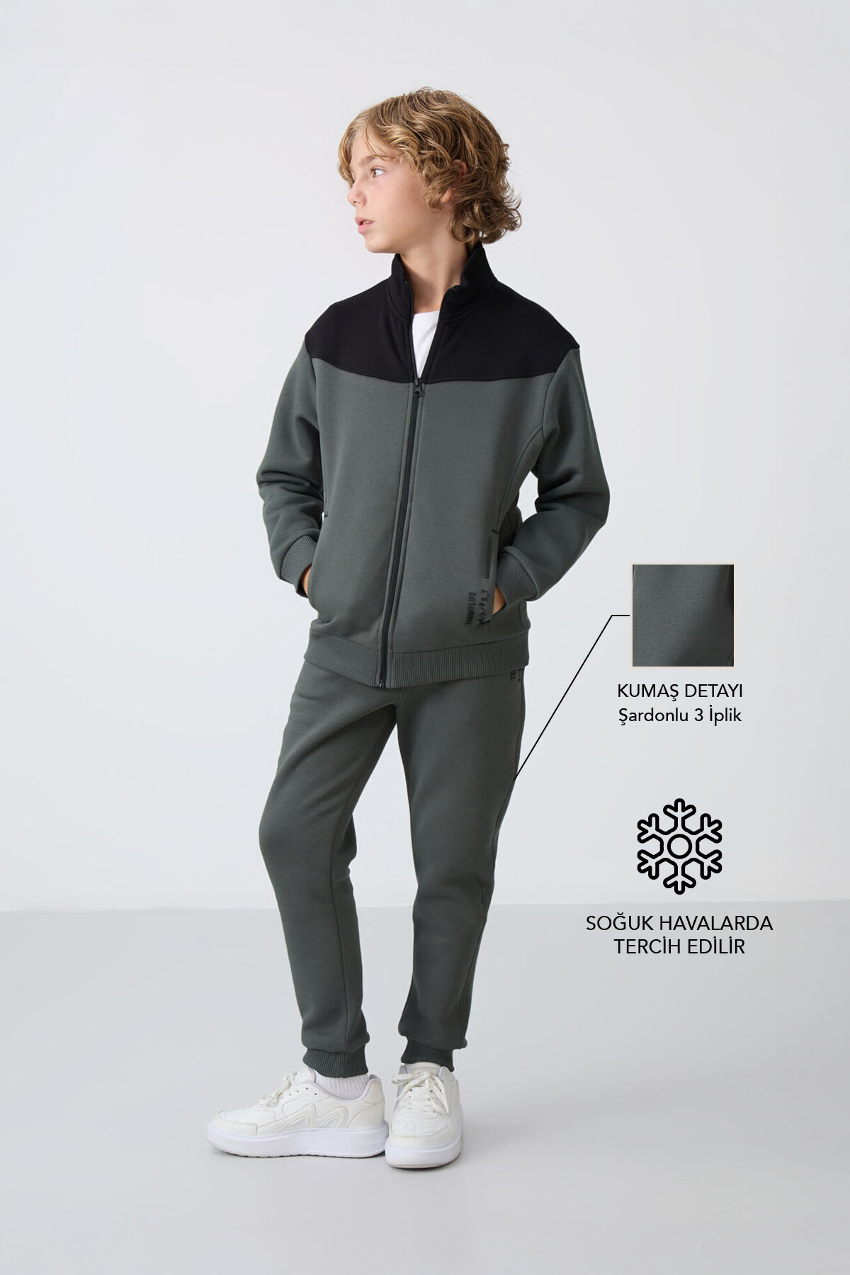 Haki Pamuklu Kalın İçi Tüylü Yumuşak Dokulu Standart Fit Nakışlı Erkek Çocuk Eşofman Takım - 11240 - TOMMYLIFE