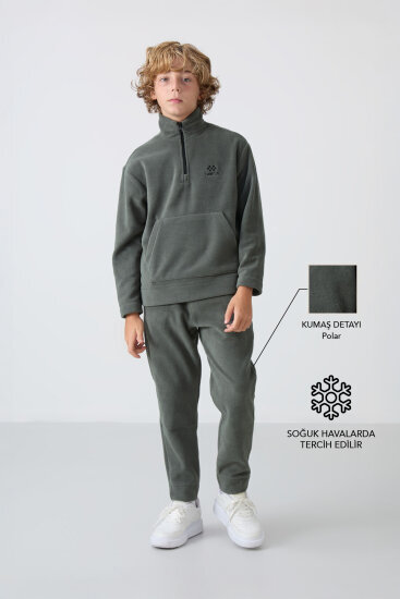 Haki Kalın Yumuşak Dokulu Standart Fit Nakışlı Polar Erkek Çocuk Eşofman Takım - 11218 - TOMMYLIFE