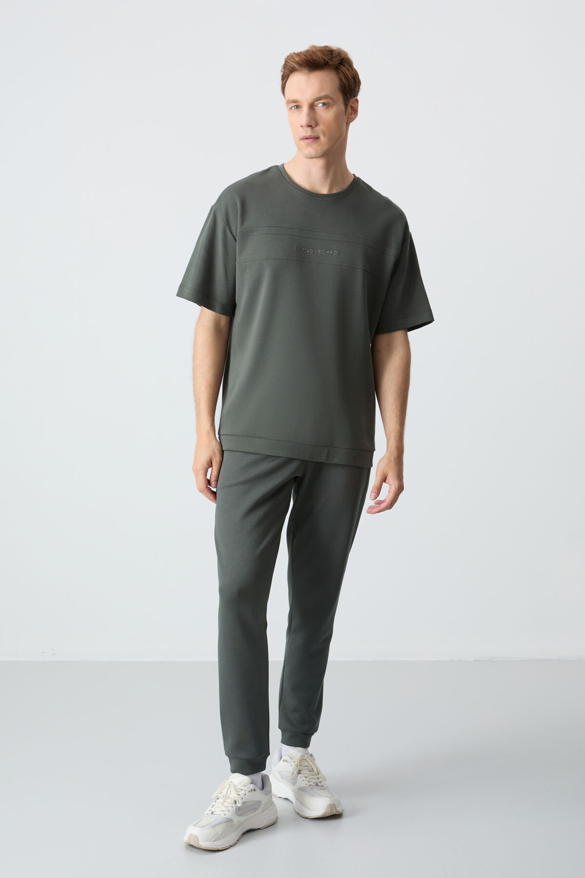 Haki Pamuklu Kalın Yumuşak Dokulu Oversize Fit Basic Erkek Eşofman Takım - 85261 - Air Jones