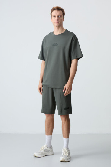 Haki Pamuklu Kalın Yumuşak Dokulu Oversize Fit Basic Erkek Şort Takım - 85259 