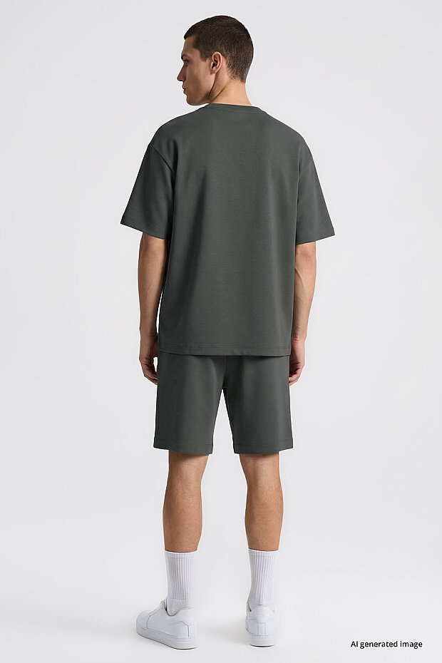 Haki Oversize Fit Basic Erkek Şort Takım - 85292 - 7
