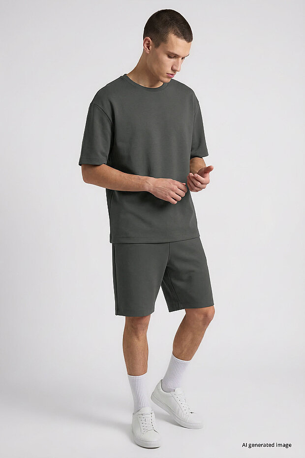 Haki Oversize Fit Basic Erkek Şort Takım - 85292 - 1