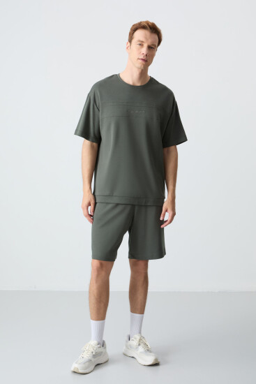 Haki Pamuklu Kalın Yumuşak Dokulu Oversize Fit Basic Erkek Şort Takım - 85257 