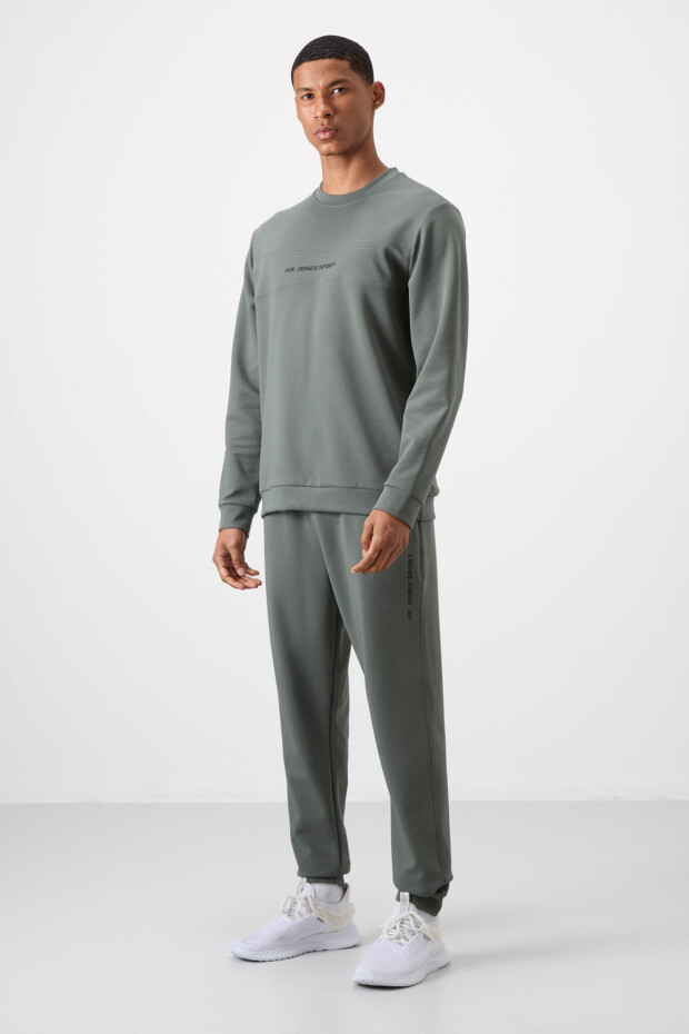 Haki - Haki Pamuklu Kalın Yumuşak Dokulu Comfort Fit Baskılı Erkek Eşofman Takım - 85253 - 6