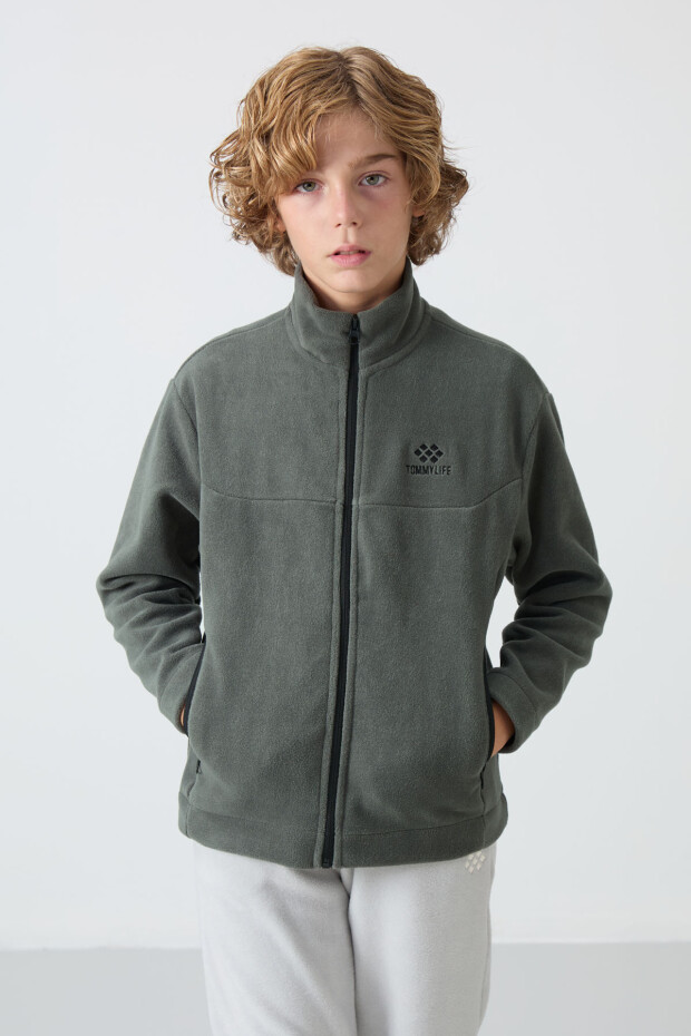 Haki Kalın Yumuşak Dokulu Standart Fit Nakışlı Polar Erkek Çocuk Sweatshirt - 11223 - 1