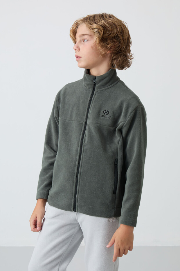 Haki Kalın Yumuşak Dokulu Standart Fit Nakışlı Polar Erkek Çocuk Sweatshirt - 11223 - 4