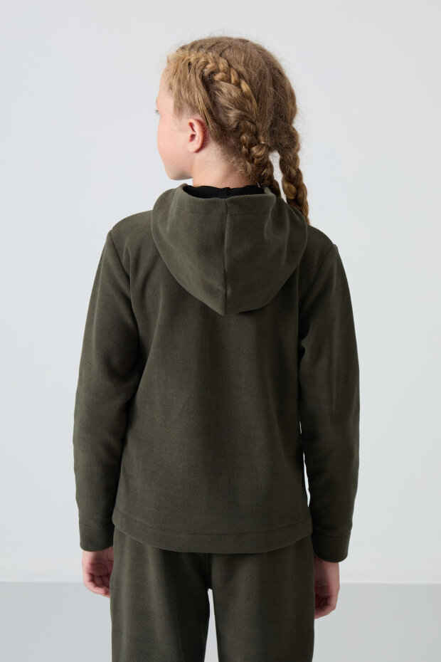 Haki Kalın Yumuşak Dokulu Standart Fit Nakışlı Polar Kız Çocuk Sweatshirt - 75152 - 5