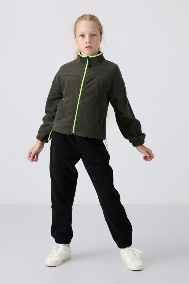Haki Kalın Yumuşak Dokulu Standart Fit Nakışlı Polar Kız Çocuk Sweatshirt - 75157 - 2