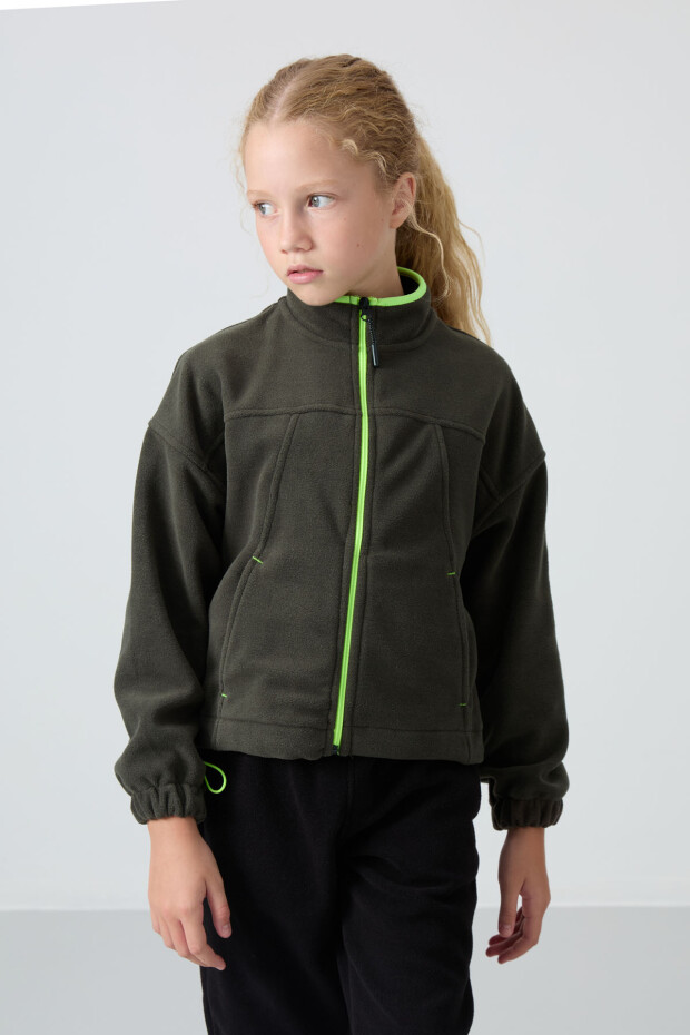 Haki Kalın Yumuşak Dokulu Standart Fit Nakışlı Polar Kız Çocuk Sweatshirt - 75157 - 4