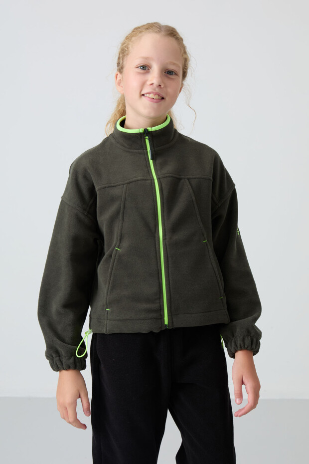 Haki Kalın Yumuşak Dokulu Standart Fit Nakışlı Polar Kız Çocuk Sweatshirt - 75157 - 1