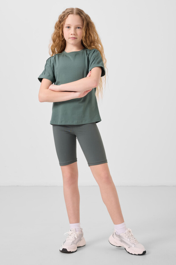 Haki Pamuklu Kısa Paça Standart Fit Basic Kız Çocuk Tayt - 75188 - 2