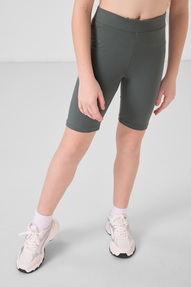 Haki Pamuklu Kısa Paça Standart Fit Basic Kız Çocuk Tayt - 75188 - 3