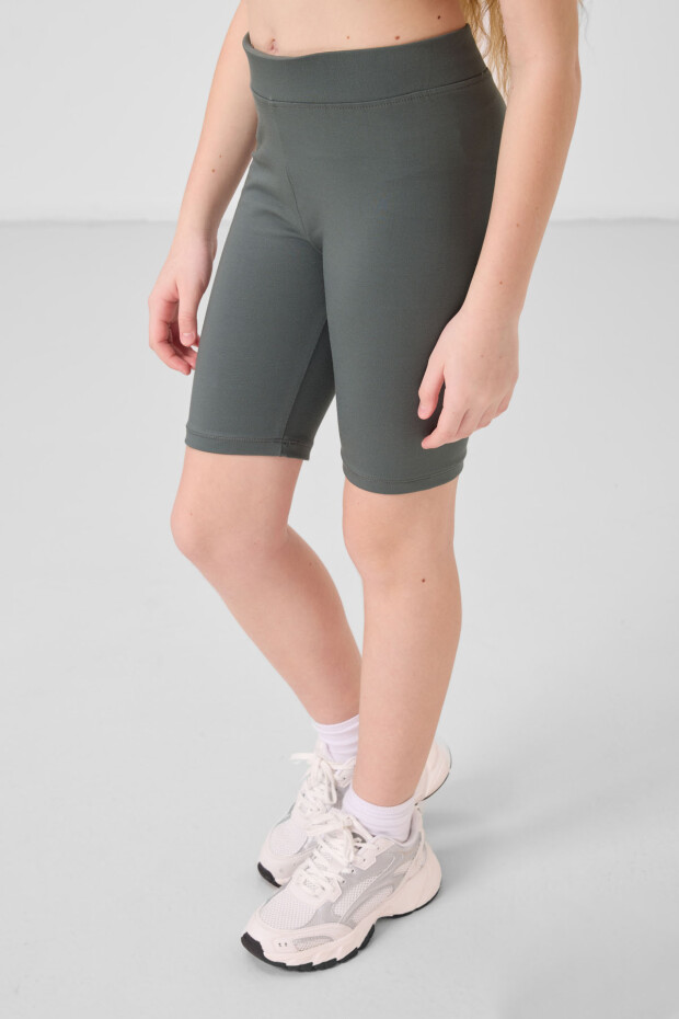Haki Pamuklu Kısa Paça Standart Fit Basic Kız Çocuk Tayt - 75188 - 1