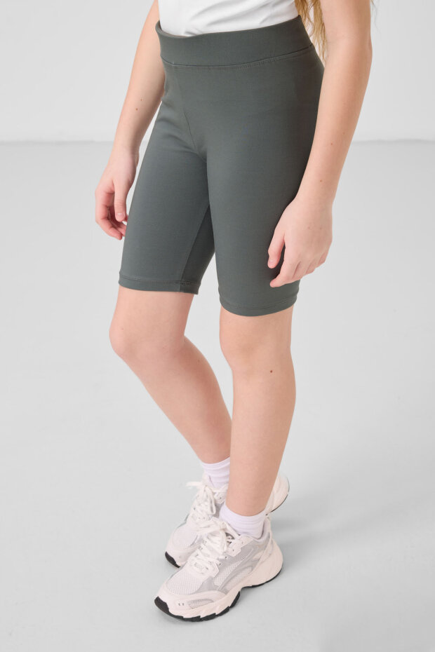 Haki Pamuklu Kısa Paça Standart Fit Basic Kız Çocuk Tayt - 75188 - 4