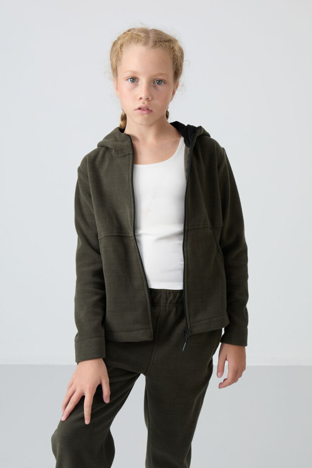 Haki Kalın Yumuşak Dokulu Standart Fit Nakışlı Polar Kız Çocuk Sweatshirt - 75152 - 2