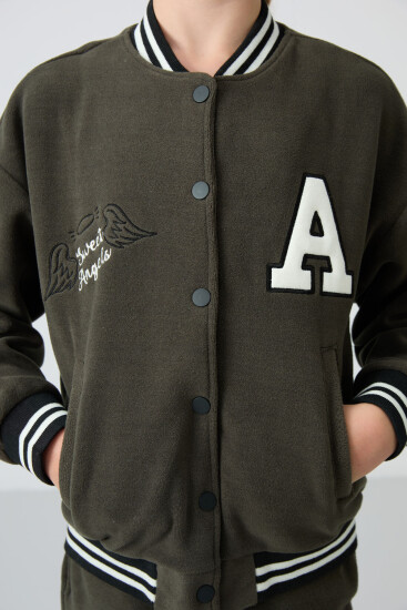 Haki Kalın Yumuşak Dokulu Standart Fit Nakışlı Polar Kız Çocuk Kolej Ceket - 75156 - TOMMYLIFE (1)