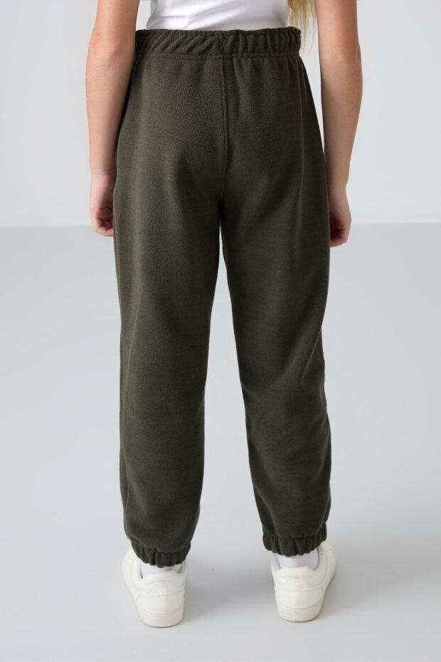 Haki Kalın Yumuşak Dokulu Standart Fit Nakışlı Polar Kız Çocuk Eşofman Alt - 75155 - 5